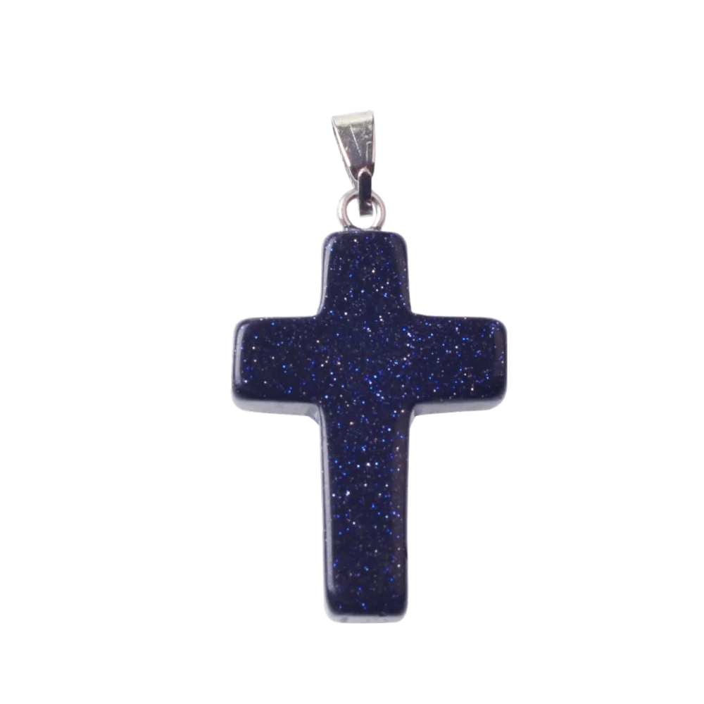 Blue Goldstone ASHMITA натуральный кварц каменный крест кулон ожерелье для женщин и мужчин кожаный шнур Крест Кристалл колье Чакра Ювелирные изделия серебряные фурнитура - Окраска металла: Blue Goldstone