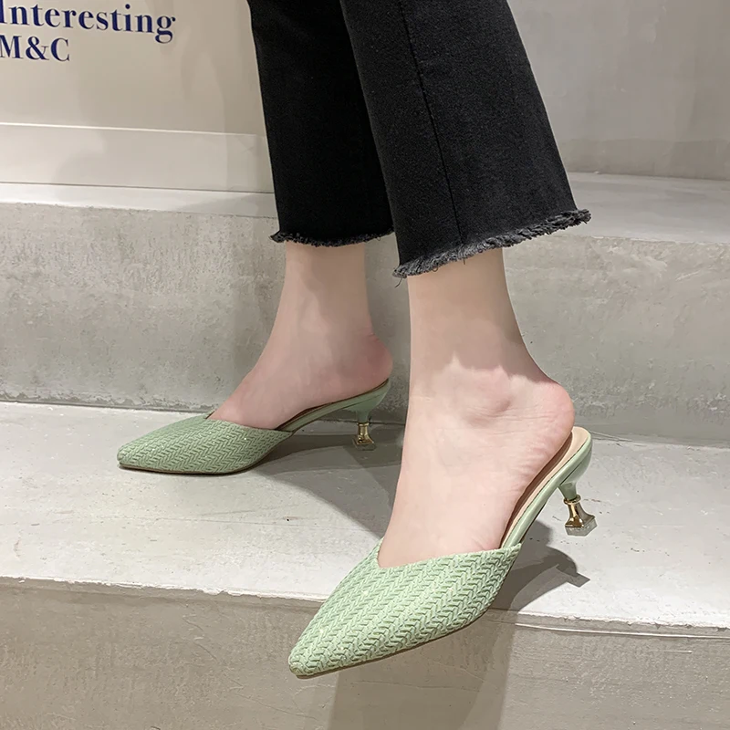 

Weave Upper High Heel Mules Shoes Women Closed Toe Slippers Sandals Summer Fashion Stiletto Heel Pointed Toe Sandals Women