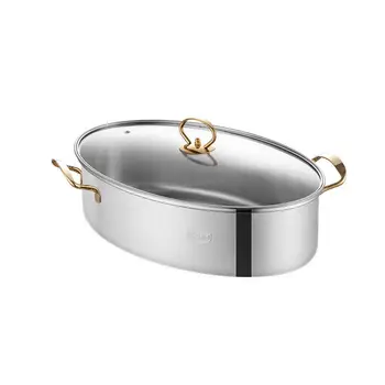 

HE-Stainless Steel Thickened Oval Fish Steamer Glass Cover Soup Steamer Kitchen Multi Purpose Cooker