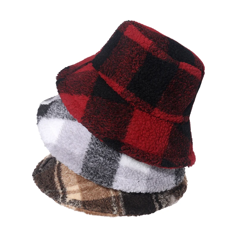 FOXMOTHER Fashion Outdoor Bob Warm Lamb Faux Fur Fluffy Fishing Caps Mens Women Winter Check Tartan Plaid Bucket Hats Ladies 3