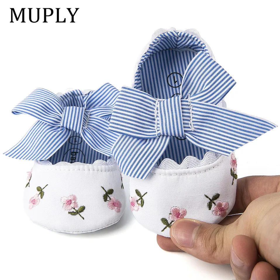 2025 Floral Embroidery Baby Shoes For Newborn Baby Girl Striped Bow First Walker Soft Soles Cute Toddler Anti-Slip Princess Shoe 3