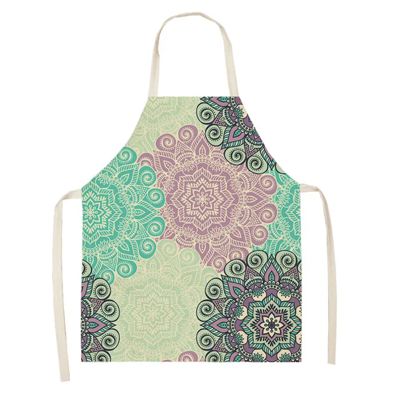 Colorful Mandala Printed Aprons for Woman Home Cooking Baking Coffee Shop Cotton Linen Cleaning Accessories