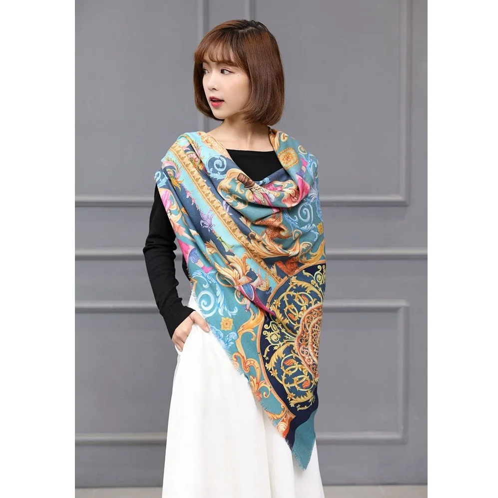Винтажный принт шелково-шерстяной шарф Обертывания для женщин Зимний шарф-палантин шаль 120x120 см