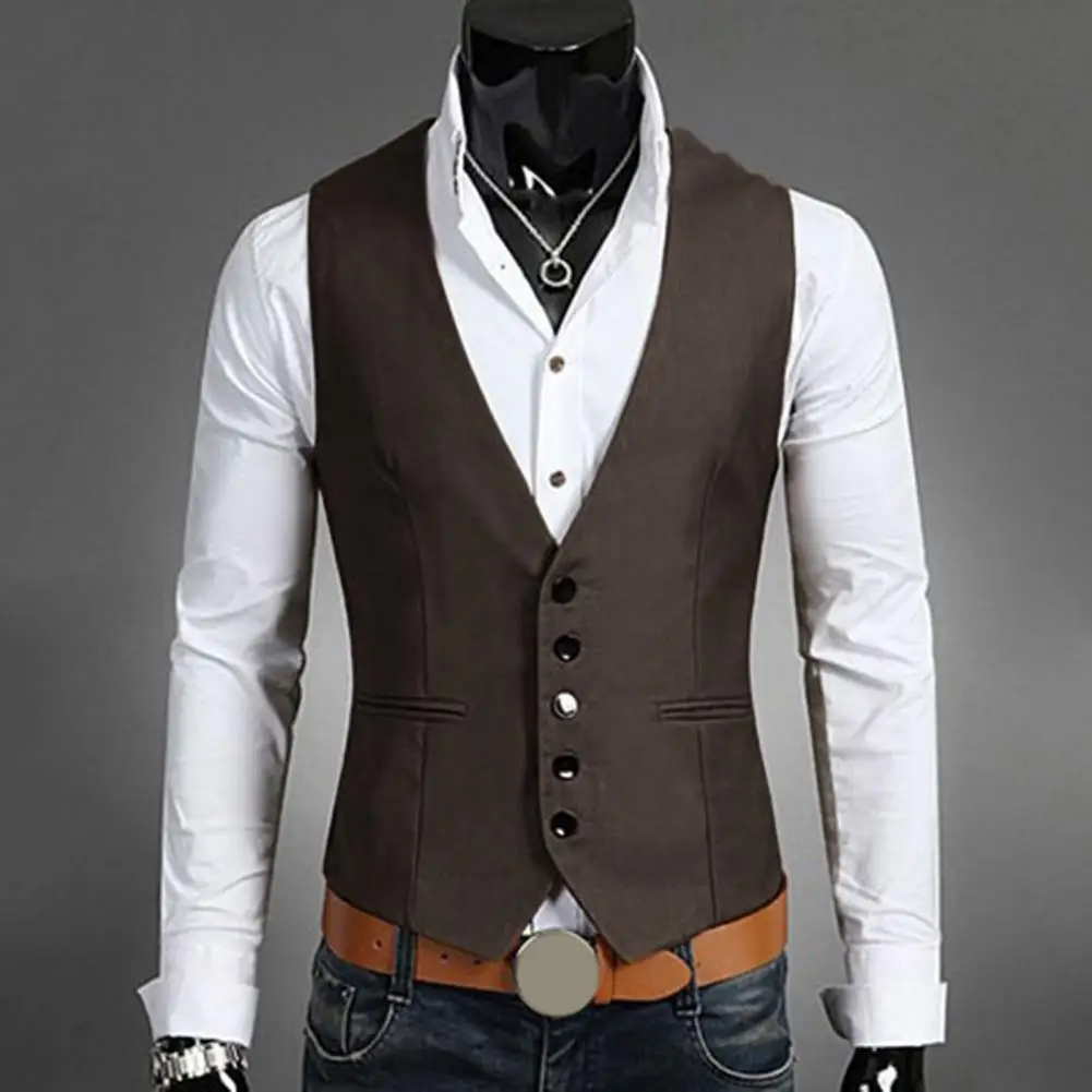 Trajes de negocios para hombre, Chaleco Ajustado sin mangas con bolsillo y botones, cuello en V, Color sólido