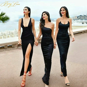 

Black Bridesmaid Dresses Sheath Girl Gown Sexy Slit Long Party Guest Wedding Party Gown Unique Cut Fitted Prom Gown Evening