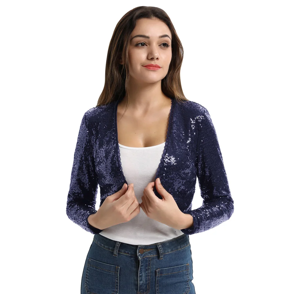 

Women Sling Shining Sequin Bolero Cardigan Party Shrug Long Sleeve Open Front Cropped Tops Outwear