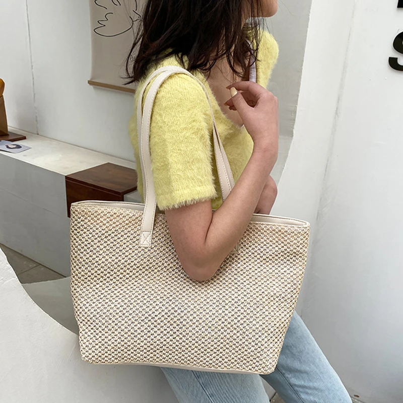 Casual Straw Large Capacity Shopper Tote For Women Wicker Woven Shoulder Bags Rattan Handbags Summer Beach Bag Travel Purses