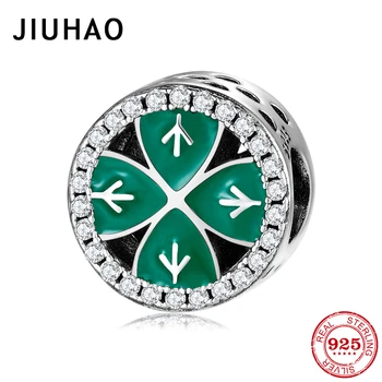

100% 925 Sterling Silver Our luck clover Green enamel round beads Fit Original JIUHAO Bracelet DIY Jewelry