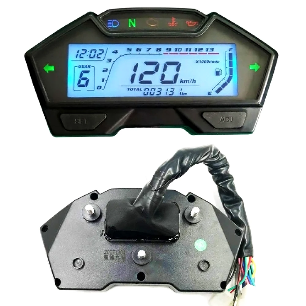 Universal 12V Motorcycle Speedometer Tachometer 13000RPM Dashboard Fuel Level Gauge Digital Odometer Meter for 1 to 4 Cylinder Motorcycle Speedometer 