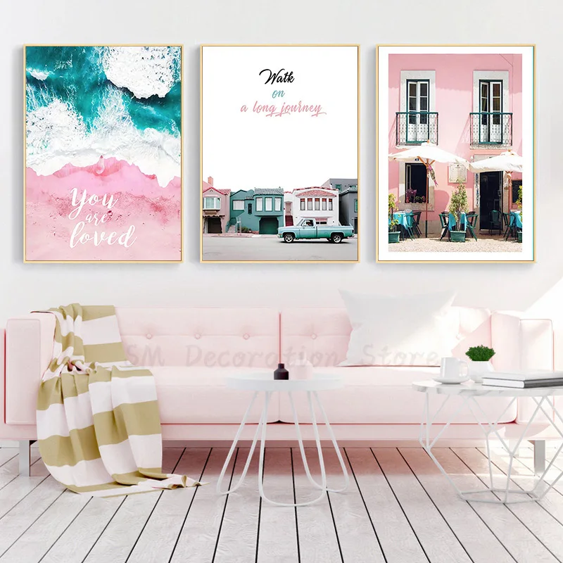 

Pink Sea Beach Poster Pink Wall Decorations Posters And Prints Nordic Style Car Poster Canvas Wall Art For Living Room Unframed