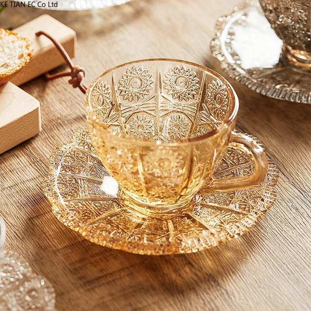 Set of 4 Clear Glass Cups and Saucers, Cut Clear Glass Coffee Cups