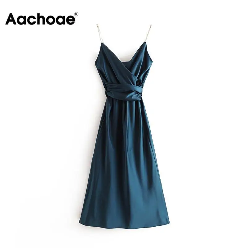 Cena Kobiety eleganckie satynowe niebieskie przyjęcie sukienka Sexy bez rękawów bez pleców, długa sukienki kobiece jednolita elastyczna talia spaghetti sukienka z paskiem