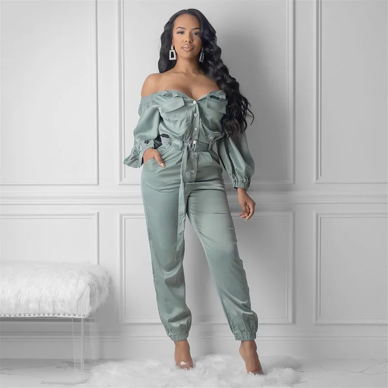 

Sexy Off Shoulder Single-breasted Safari Cargo Jumpsuit Women Autumn Streetwear Casual Button Romper Bandage Belt Cool Overalls