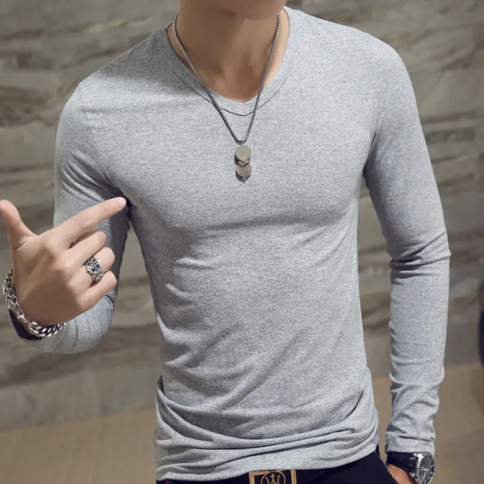 Мужские осенние Футболки с длинным рукавом с v-образным вырезом пуловер Slim Fit повседневные минималистичные мужские топы JS25