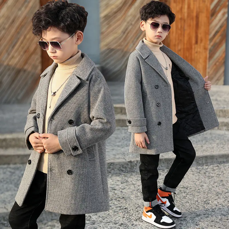 Boy Woolen Coat Autumn Winter Jacket New Fashion Turn Collar Solid Double-Breasted Children's Outerwear Trench High Quality