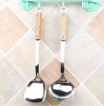 

Household Long Handle Wooden Handle Stainless Steel Hot Pot Spoon Tableware Soup Spoon Spatula Kitchen Supplies
