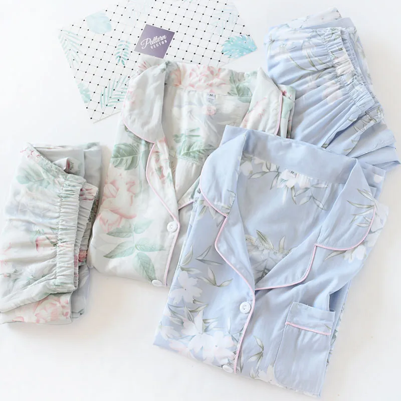 

2020 Spring New Ladies Pajamas Set Floral Printed Soft Sleepwear Cotton Simple Style Women Long Sleeve+Pants 2Piece Set Homewear
