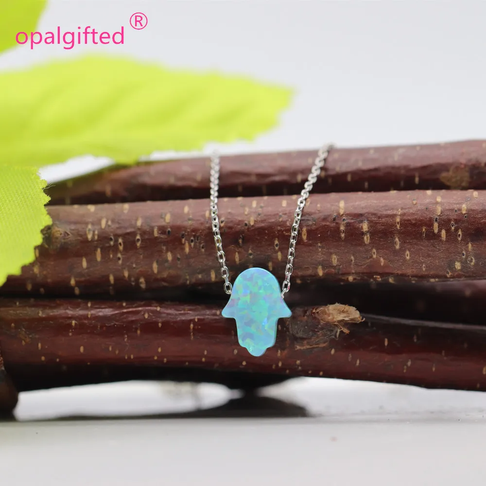 

(1pc/lot)Hot Selling 8x10mm OP72 Mint Green Fire Opal Hamsa Pendant Necklace O Chain 925 Silver Synthetic Opal Hamsa Necklace