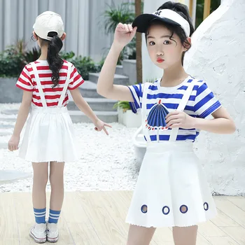 

Girls Clothes Suit Summer Fashion Clothing Set For Kids Children 6 8 12 Years Striped T-shirt+Strap Skirt 2PCS Outfits For Girls