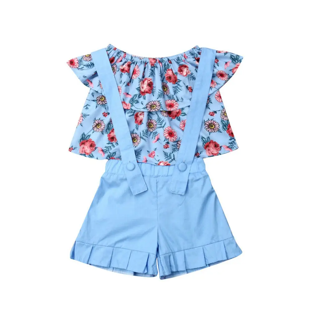 

2PCS Kids Baby Girl Clothes Floral Off-Shoulder Tops Bib Shorts Outfit Summer Flower Pullow Ruffles Strap Bottoms Streetwear Set
