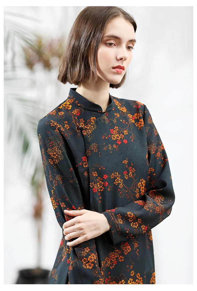 Yangxun осень китайский стиль шелк Печатный Qipao женское платье ZHI81403