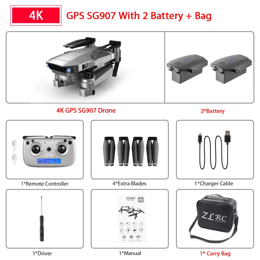 SG907 4K 2B Bag ZWN SG907 SG901 gps Радиоуправляемый квадрокоптер с Wifi FPV 1080P 4K HD Двойная камера оптический поток Дрон следуй за мной мини Дрон VS SG106 E502S - Цвет: SG907 4K 2B Bag