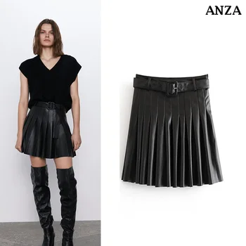 

Za Women Pu Mini Skirt with Belt Pleated Black Sexy A-line Miniskirt