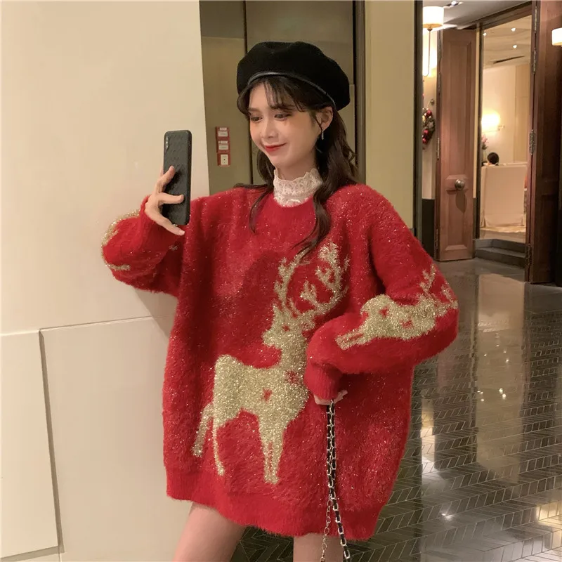 

2020 Autumn and Winter New Korean Fashion Skin-friendly Bright Silk Christmas Snowflake Sweater Loose Mohair Thickening Blouse