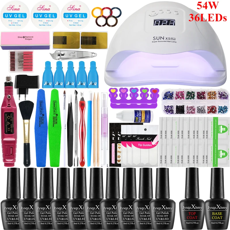 54w lamp 10 color Набор для ногтей, ультрафиолетовая лампа для маникюра, набор для ногтей, 10/16 шт, Набор лаков для ногтей с инструментами для дизайна ногтей, набор с 20000 ОБ/мин, машинка для сверления ногтей - Цвет: 54w lamp 10 color