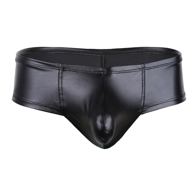 TiaoBug Summer Men Lingerie Black Faux Leather Pouch Bikini Briefs Underwear  Swimwear Panties Pool Bathing Beach
