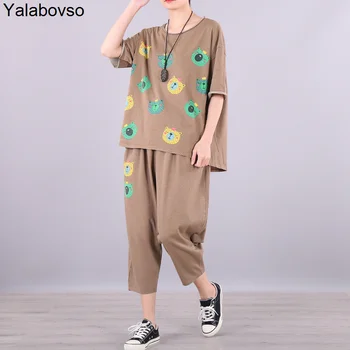 

Tracksuit Women Suit 2020 Summer New Large Women's Loose Casual Animal Printed Short Sleeve Capris Two 2 Piece Set