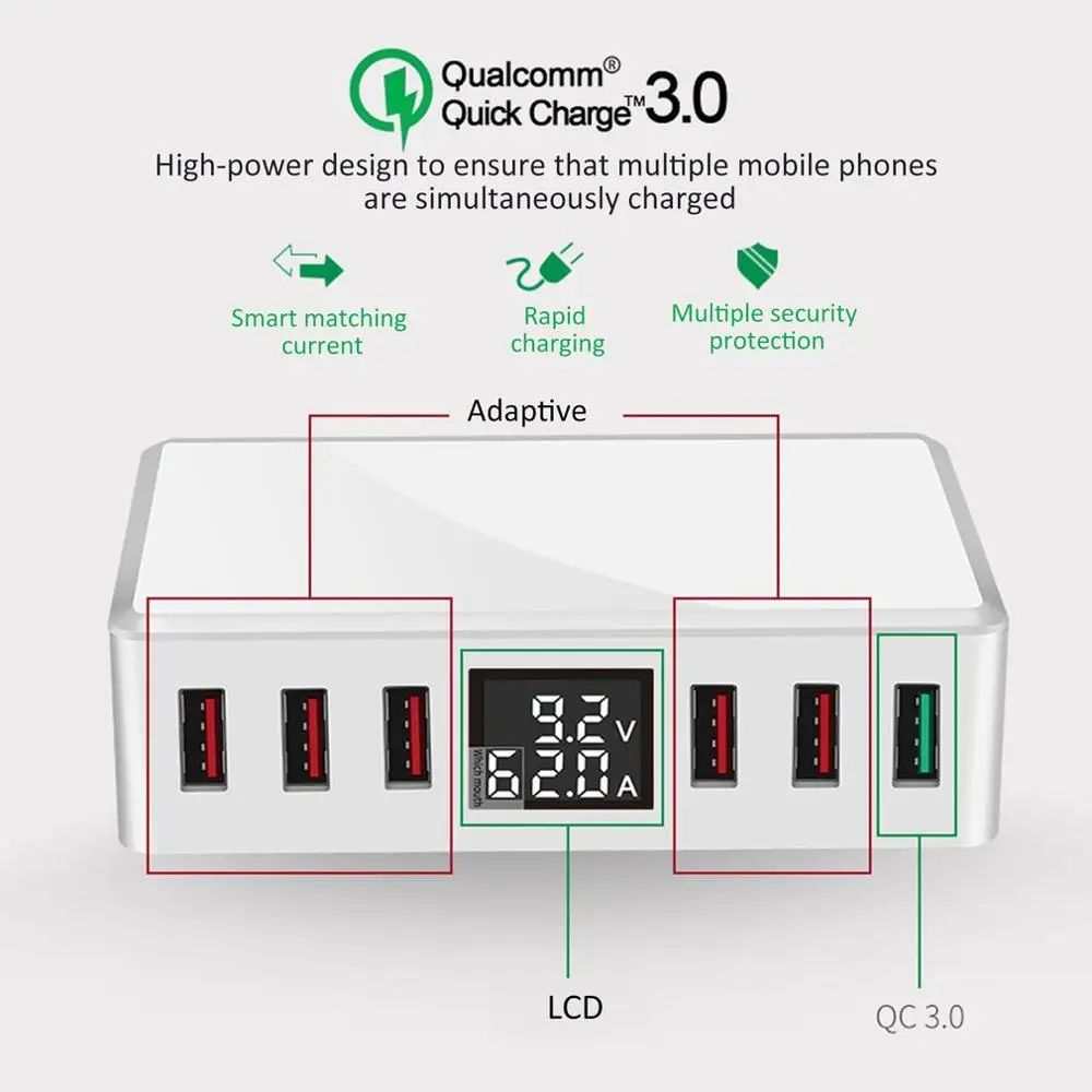 T9+ Мульти быстрое зарядное устройство USB зарядка несколько 6 USB телефон зарядная станция Универсальный usb-хаб зарядное устройство светодиодный дисплей