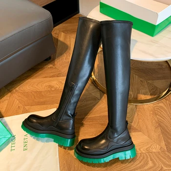 

Women's Boots Bv Same Green Thick Bottom Elastic Boots 2020 New British Style Knight Boots Leather Thin Leg Long Boots Shoes