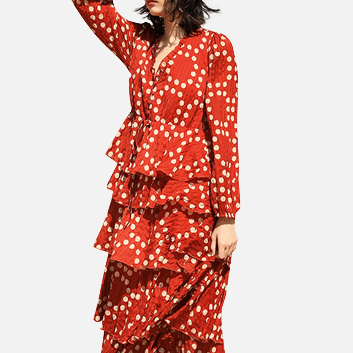 

Jastie Polka Dot Cascading Ruffle Midi Dress Long Sleeve V Neck Vintage Vestidos 2020 Spring Boho Beach Casual Women Dresses