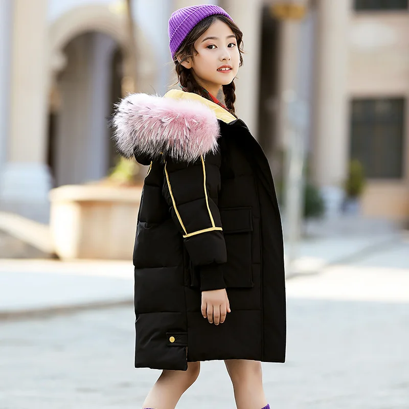 

Winter Down Jacket for Girls Fur Hooded Russian Winter Coat 2019 New Children Jacket Down Feather Outerwear Long Teen Clothes