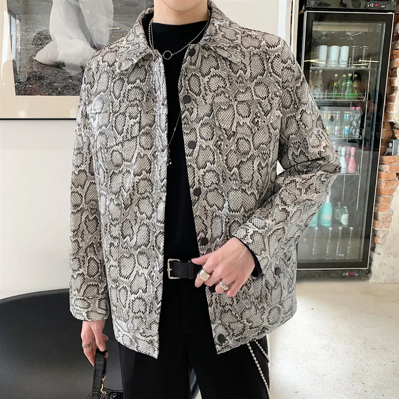 Мужская кожаная куртка в стиле панк, винтажная модная свободная повседневная мужская кожаная куртка со змеиным принтом, уличная куртка, верхняя одежда