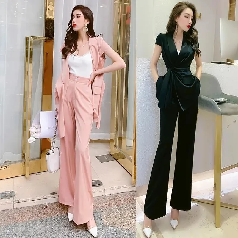 Office Lady Two Pieces Set 2021 Summer Women Short Sleeve Blazer Coat Tops Blouse And Long Flare Pants Trousers Suits |