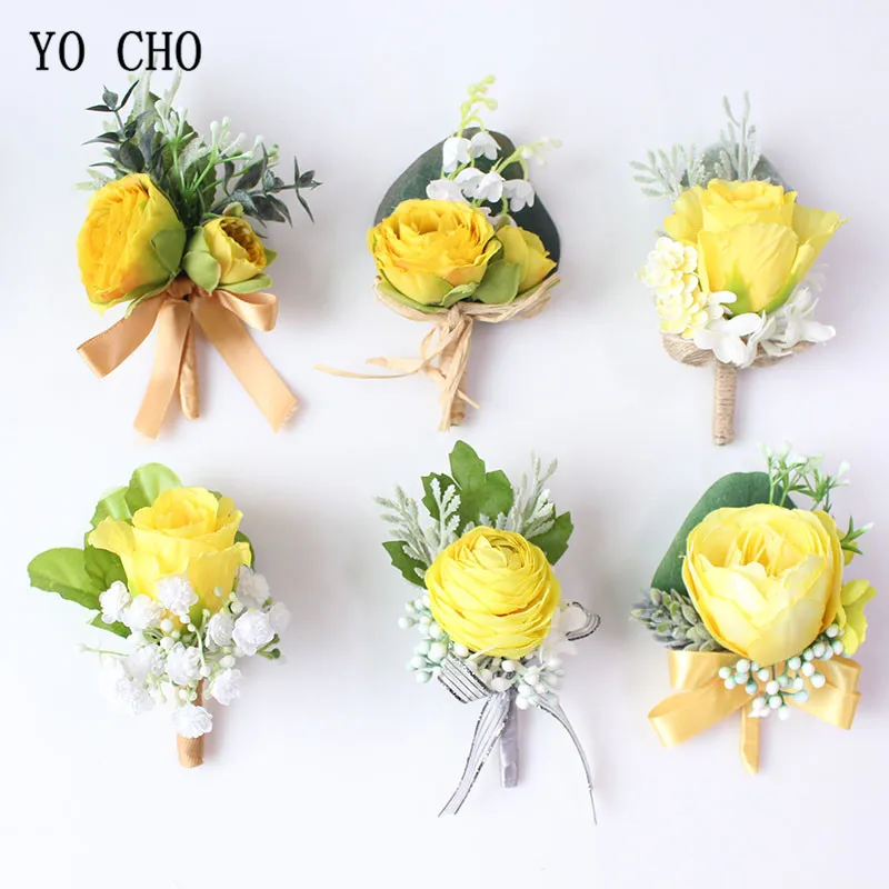 Boutonniere Flowers wedding wrist corsage flowers silk roses yellow  (26)