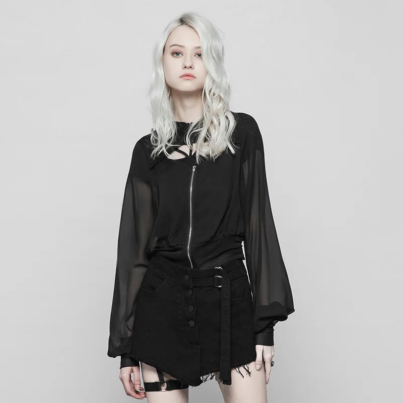 

PUNK RAVE Women's Dark chiffon Short Coat With Cap Elastic Mesh Loose V Collar Sexy Handsome Thin Jacket