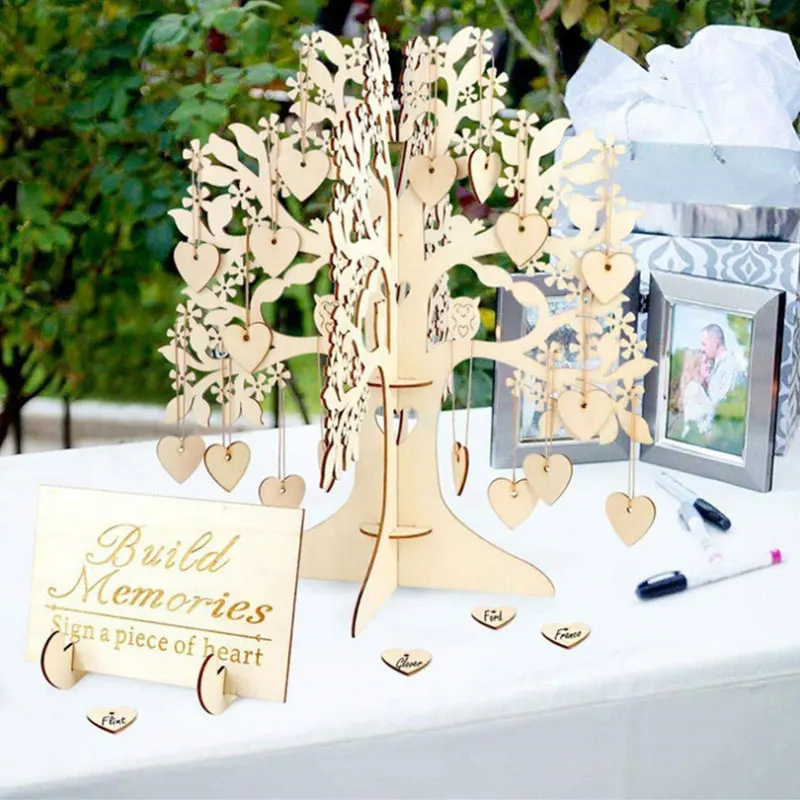 

1pc Wedding Guest Book Tree Wedding Guest Signature Book Wooden Hearts Pendant Drop Ornaments for Wedding Party Decor Supplies
