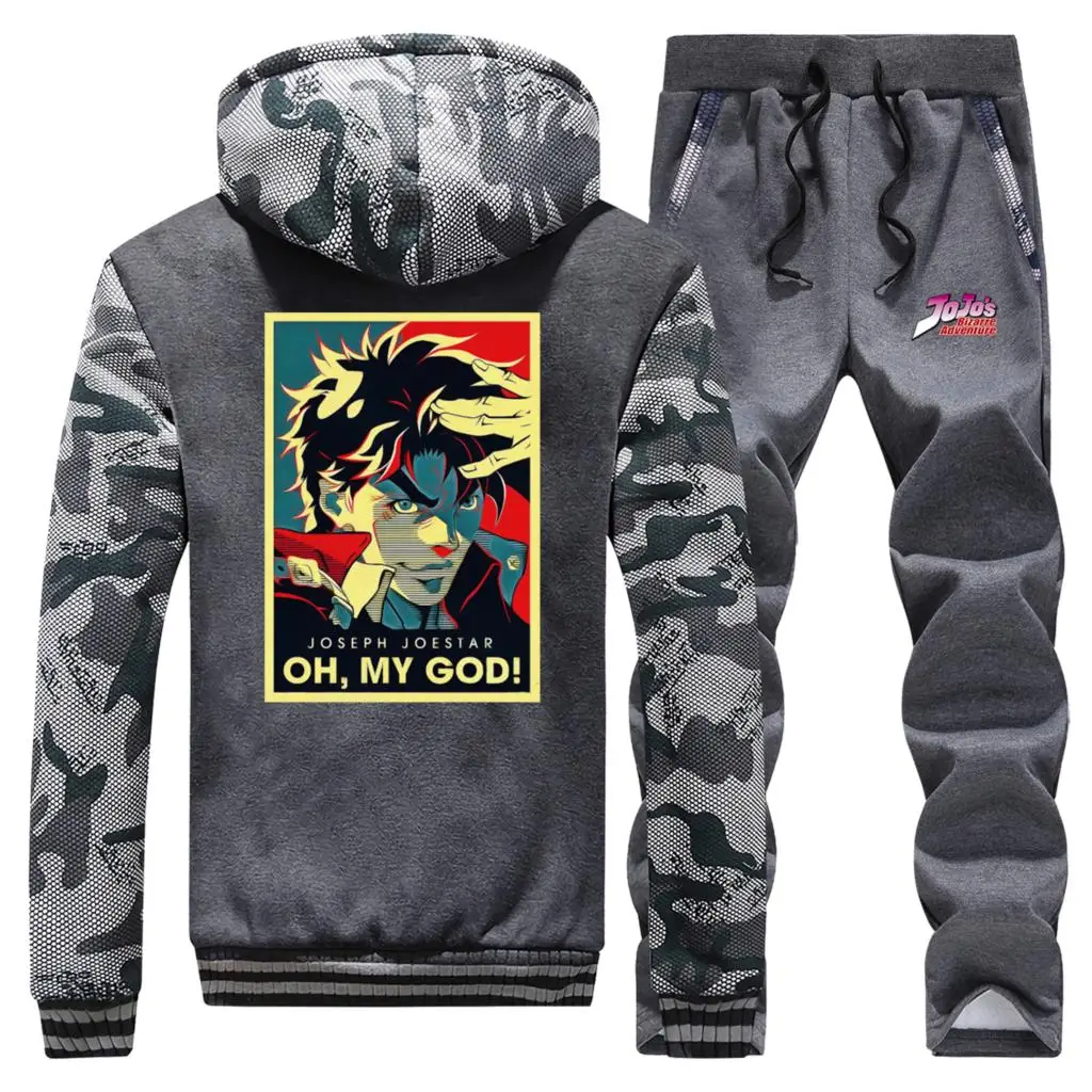 JOJO Joseph Joestar, толстовки, штаны, набор, для мужчин, Jojos, Необычные приключения, спортивный костюм, пальто, OH MY GOD, толстая флисовая куртка, камуфляж, комплекты из 2 предметов