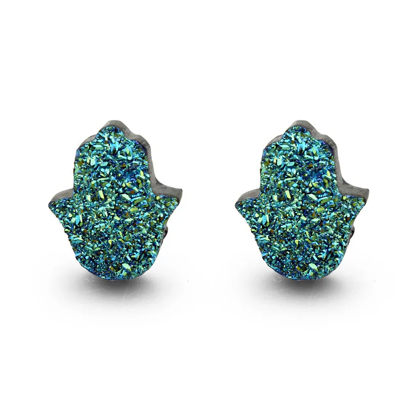 Simple Female Hamsa Hand Ear Studs Small Drusy Druzy Resin Earrings For Women Jewelry Bijoux Fatima Stud Earrings Earstud Gift (4)