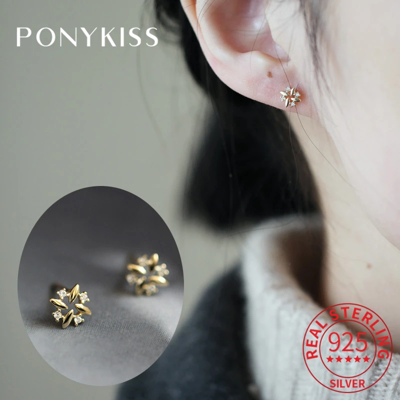 

PONYKISS Real 925 Sterling Silver Unique Windmill Zircon 14K Gold Stud Earrings For Women Trendy Fine Jewelry Gift Drop Shipping