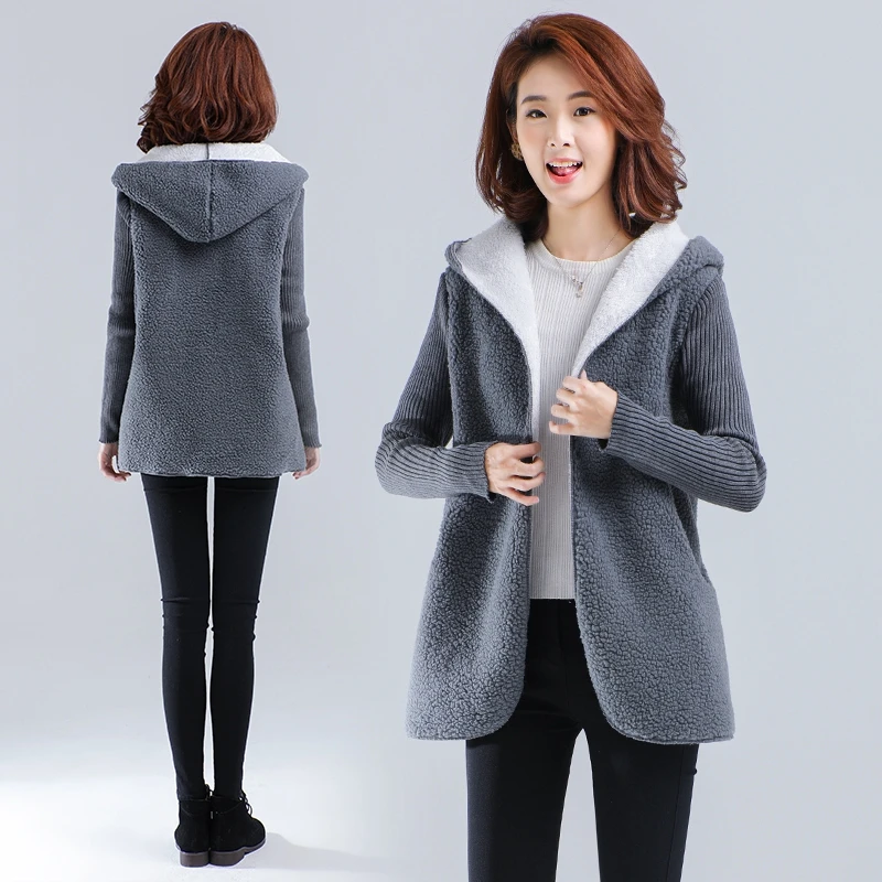 

Fat mm autumn and winter new large size jacket women's ageing loose lamb thickening warm hooded ladies jacket tide tweed jacket