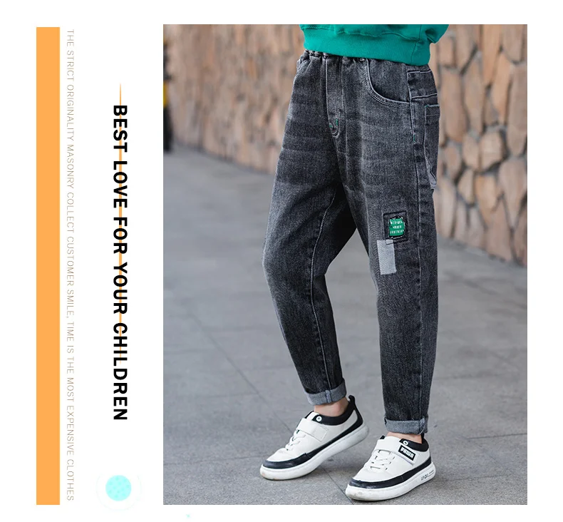 Spring Autumn Children Fashion Jeans Pants Teenage Boys Denim Trousers Casual Letter Cotton Pencil Pants for Boy Dark Jeans