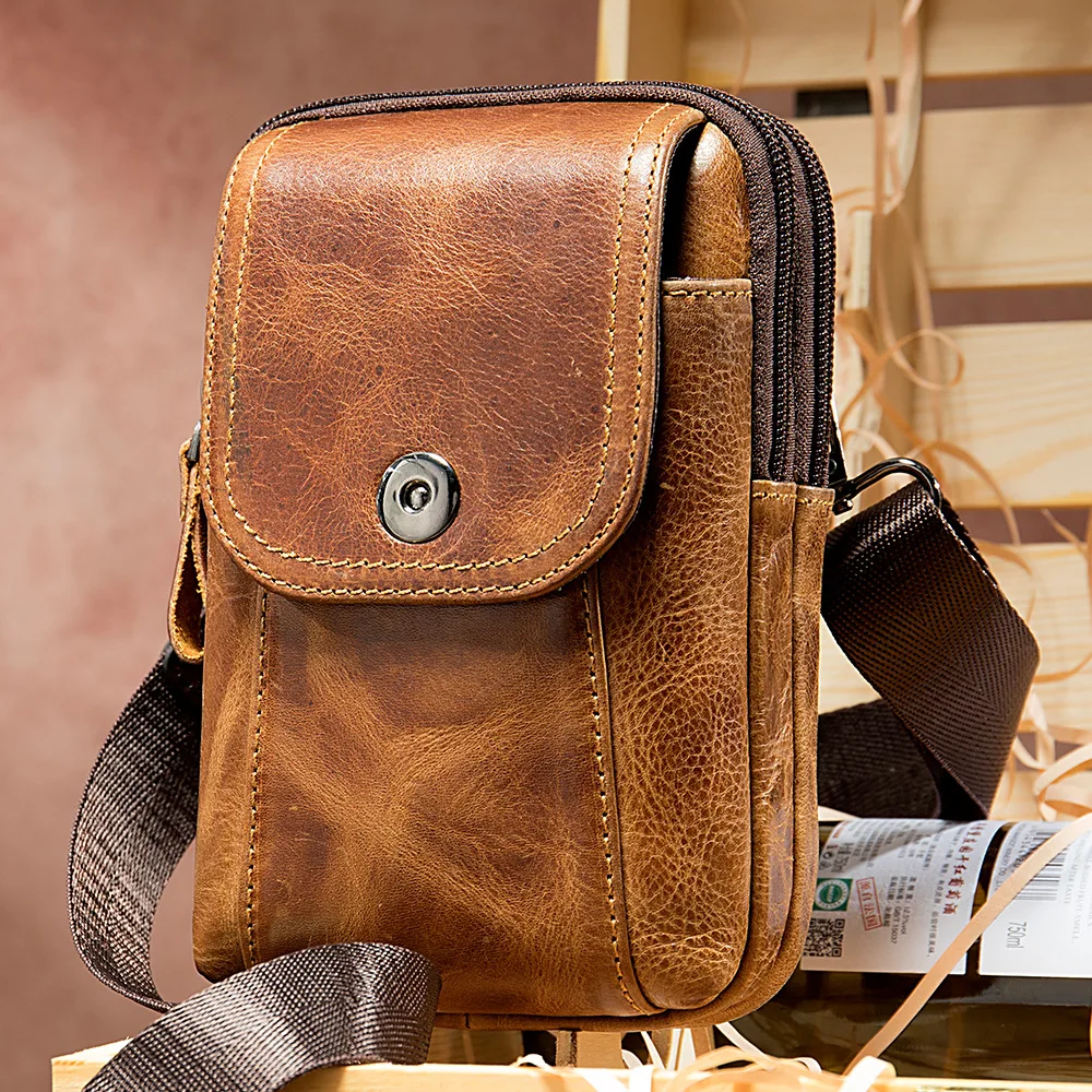 Новая Винтажная Мужская Ретро Мини поясная сумка из натуральной воловьей кожи с вертикальным ремнем, маленькая сумка для мобильного телефона, повседневные спортивные сумки-мессенджеры - Цвет: brown