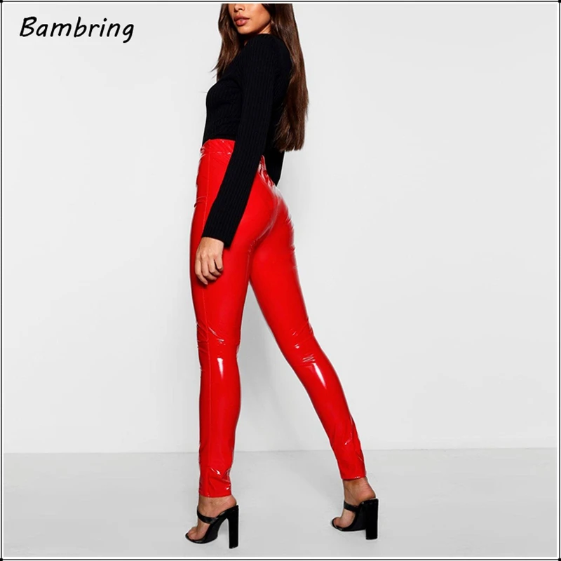 Black Latex Leather Pants Women Sexy Red Stretch Seamless Leggings