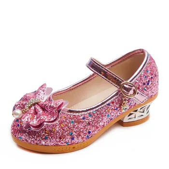 

Girls Princess Leather Shoes For Girl High Heels Flower Casual Glitter Children Korean Butterfly Knot Sequins Crystal Girl Shoes