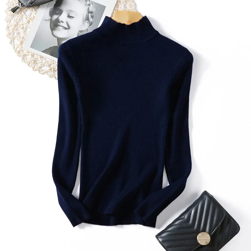 Однотонная водолазка, зимний свитер для женщин, вязаные свитера, Рождественский свитер, базовый Женский пуловер, свитер, женский джемпер - Цвет: Navy Blue