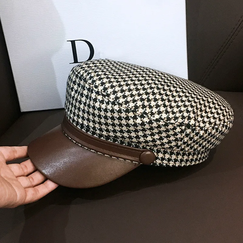 JIN-Swhbias Octagonal Cap for Women Plaid leather Visors Newsboy Cap New Vintage Autumn Winter Berets Ladies Hat